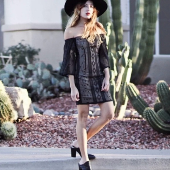 MINKPINK Off The Shoulder Black Lace Overlay Mini Dress Size Medium - Picture 1 of 14